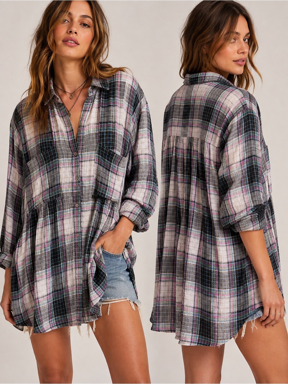 Free People Plaid Crinkle Gauze Babydoll Tunic Shirt XS NWT MSRP $108